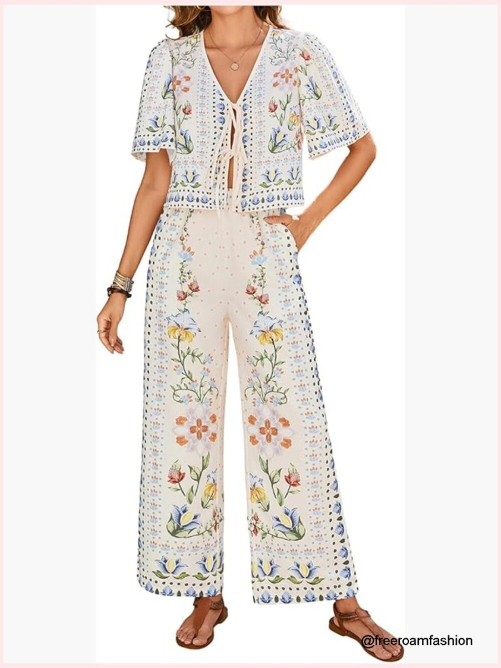 Boho 2 Piece Floral Pants Set Vacation Short Sleeve Tie Front Blouse